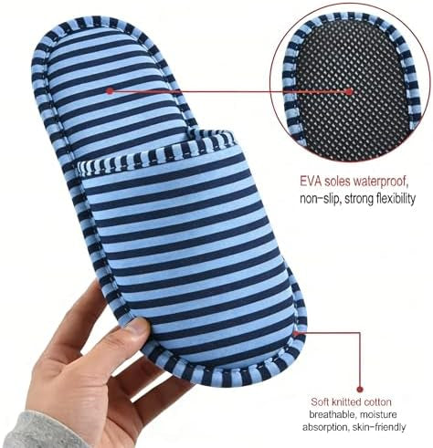 Foldable Slippers, Non-Slip Portable Hotel Slippers for Men and Women (Stripes, Large/X-Large)