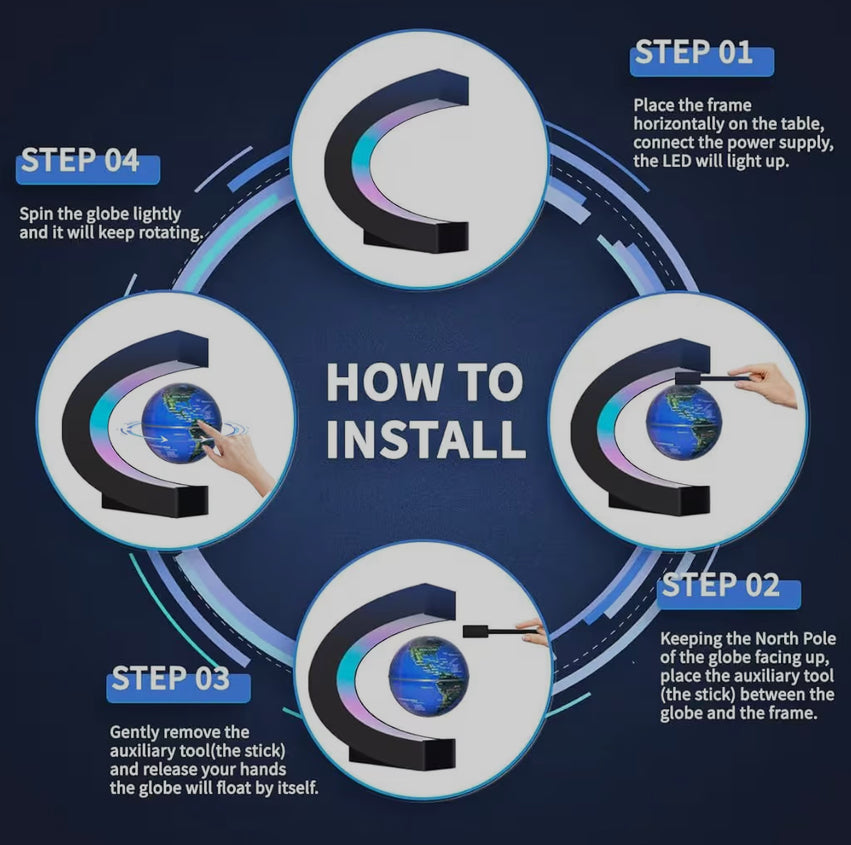 Levitating floating globe with LED lights, a cool tech gadget by Problems Solved, showcasing a globe suspended in mid-air with glowing illumination.