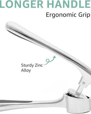 Problems Solved garlic press crusher and mincer tool for garlic and ginger, featuring stainless steel construction and ergonomic handle.
