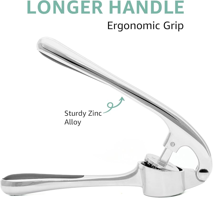Problems Solved garlic press crusher and mincer tool for garlic and ginger, featuring stainless steel construction and ergonomic handle.