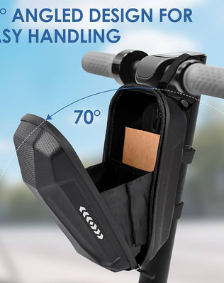 Waterproof 3L electric scooter bag by Problems Solved attached to scooter, designed for secure storage during rides.