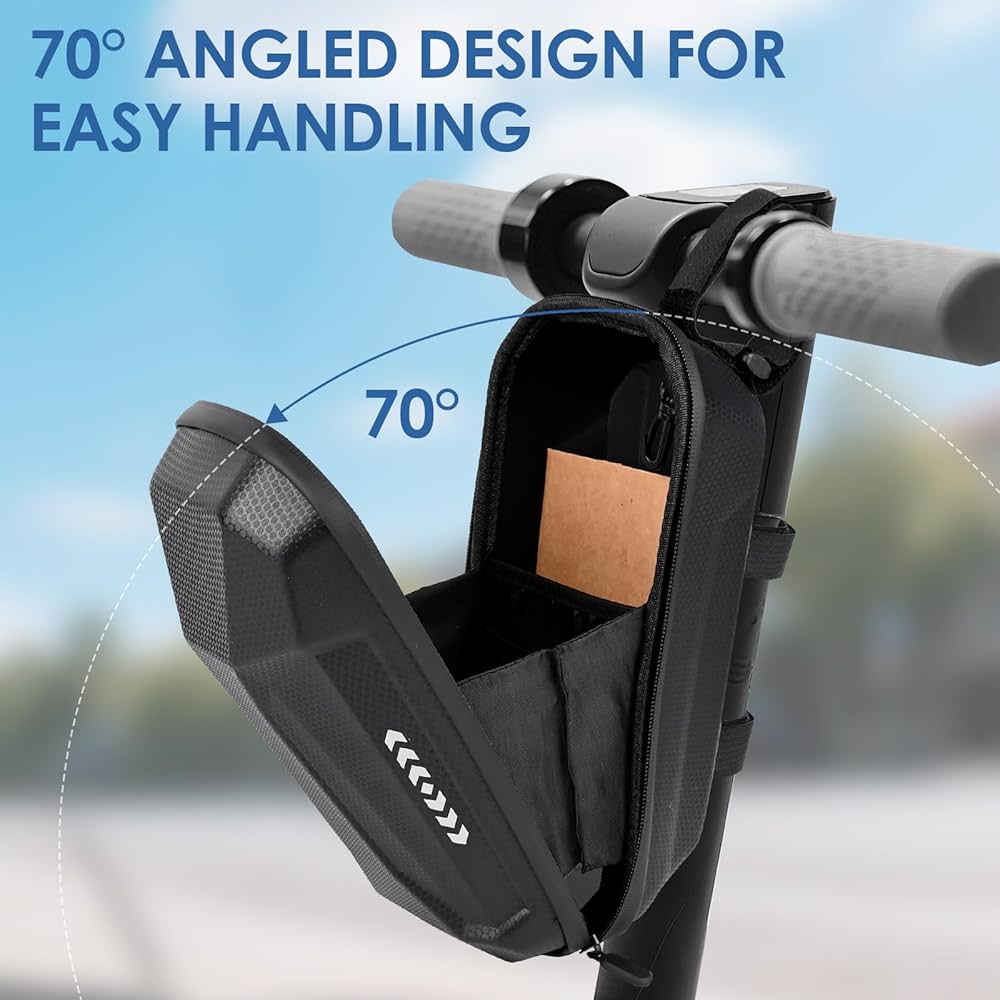 Waterproof 3L electric scooter bag by Problems Solved attached to scooter, designed for secure storage during rides.