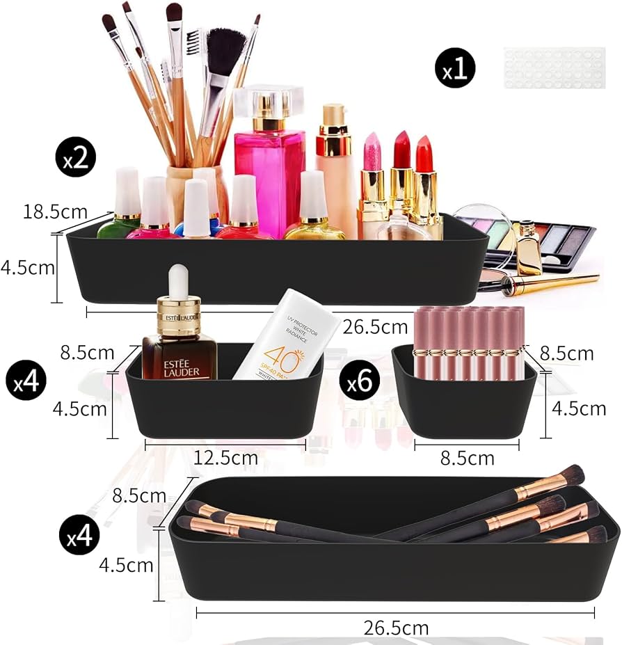 Problems Solved 16-piece drawer organiser box set with compartments for kitchen and bathroom storage.