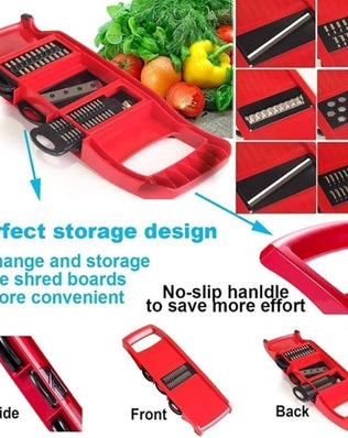 Problems Solved 6-in-1 professional kitchen mandolin with multiple blades for slicing, julienning, and dicing vegetables.