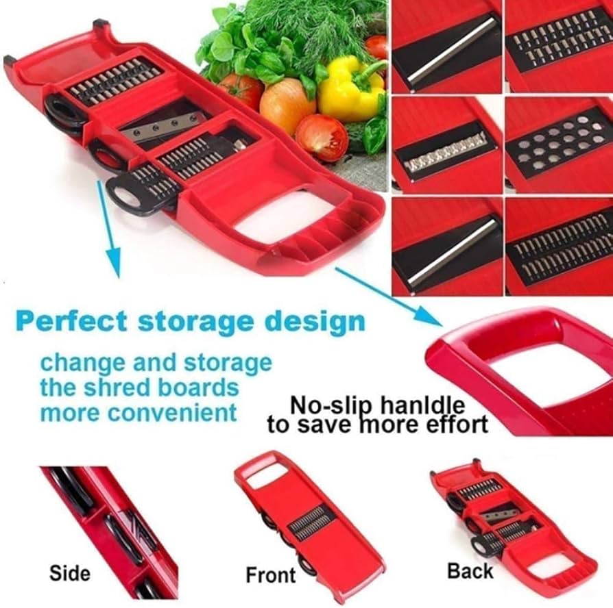 Problems Solved 6-in-1 professional kitchen mandolin with multiple blades for slicing, julienning, and dicing vegetables.
