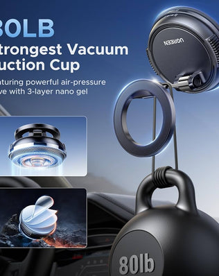 Problems Solved UGREEN MagSafe Car Mount with suction cup and 360° rotation, magnetic phone holder for secure dashboard attachment.