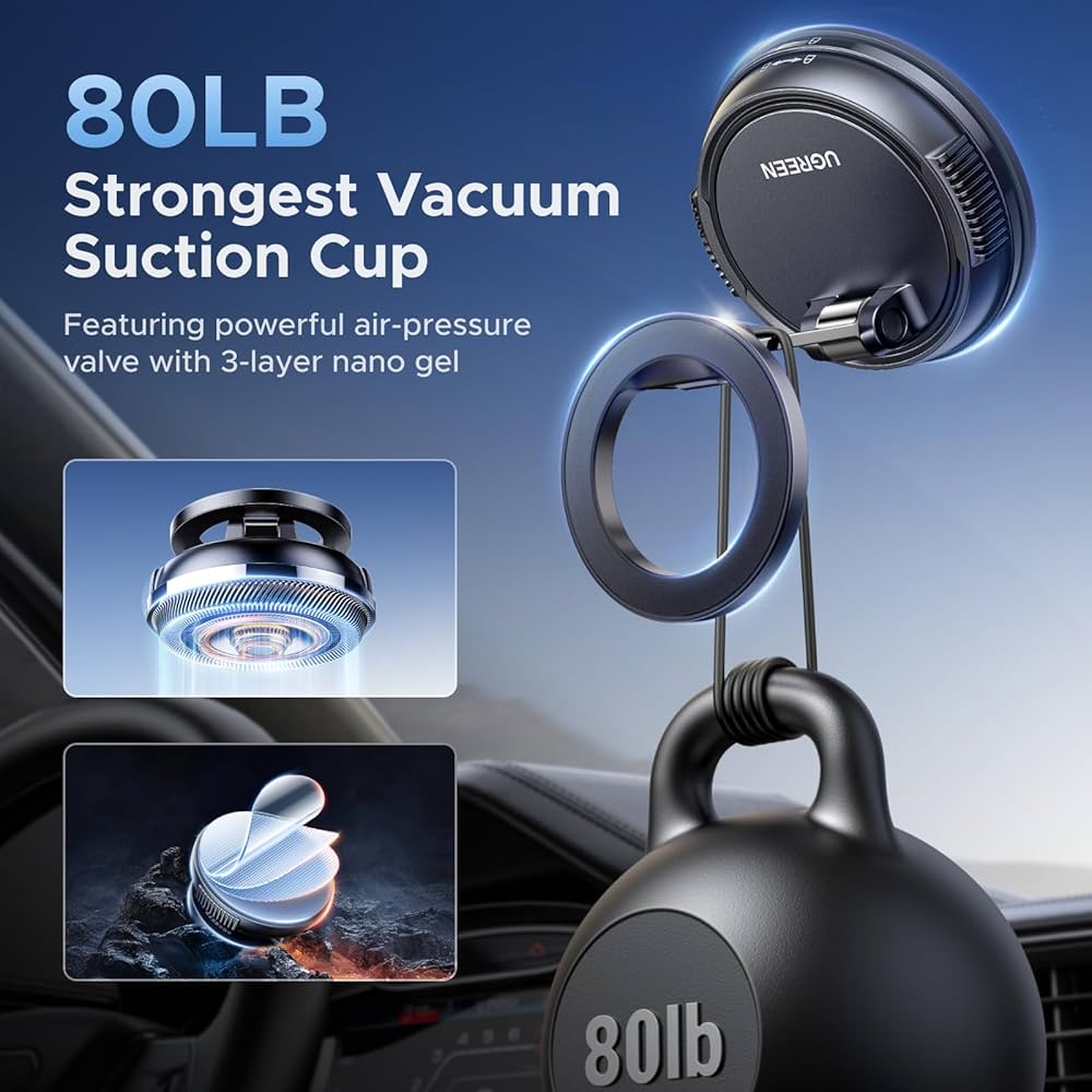 Problems Solved UGREEN MagSafe Car Mount with suction cup and 360° rotation, magnetic phone holder for secure dashboard attachment.