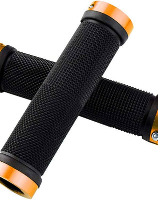 Pair of Problems Solved non-slip rubber bicycle handlebar grips with aluminum ends, designed for comfortable bike riding.