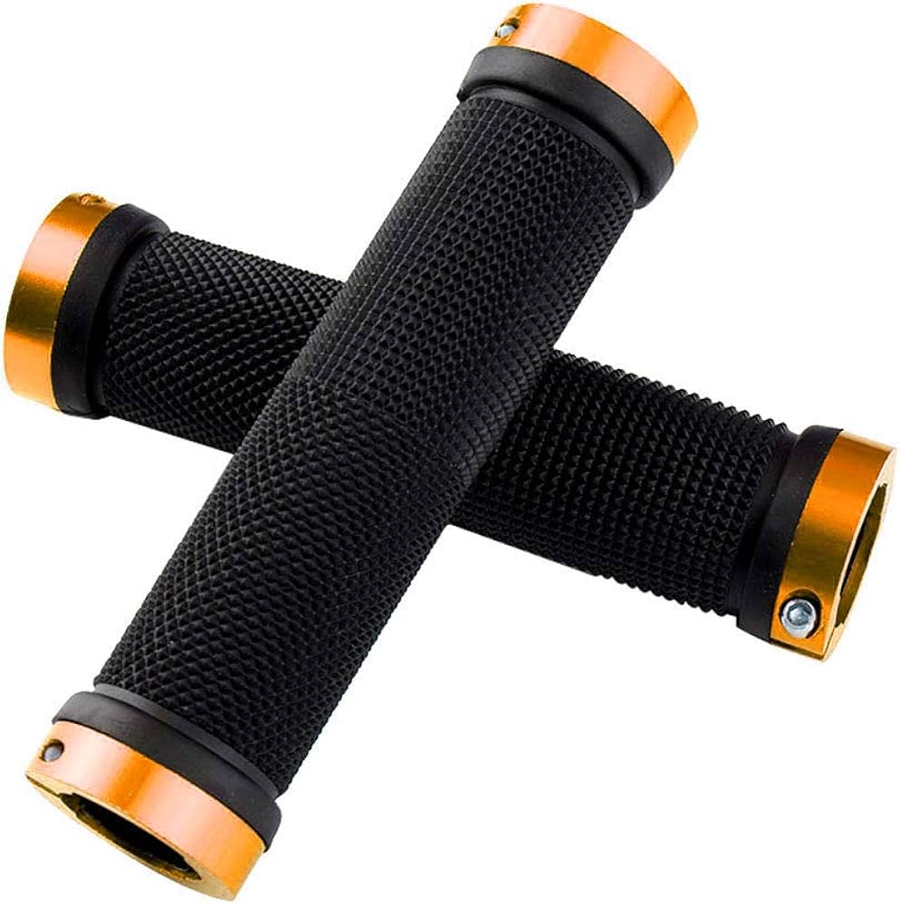 Pair of Problems Solved non-slip rubber bicycle handlebar grips with aluminum ends, designed for comfortable bike riding.