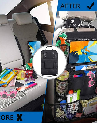 Problems Solved 2PCS car seat back organizer with six pockets, extra large capacity for storing travel essentials in the vehicle.