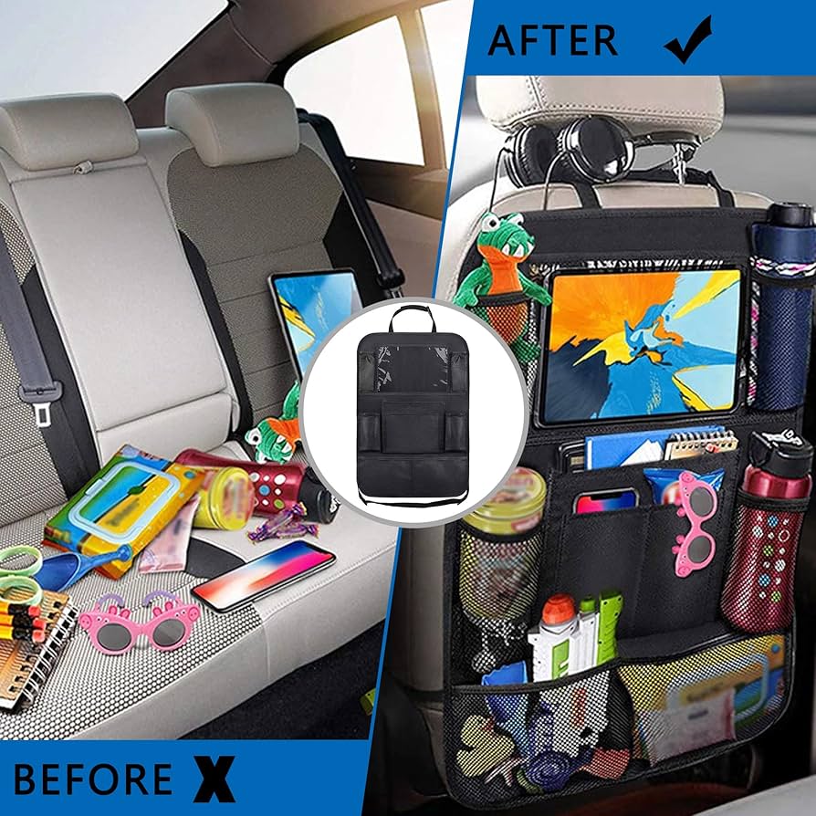 Problems Solved 2PCS car seat back organizer with six pockets, extra large capacity for storing travel essentials in the vehicle.