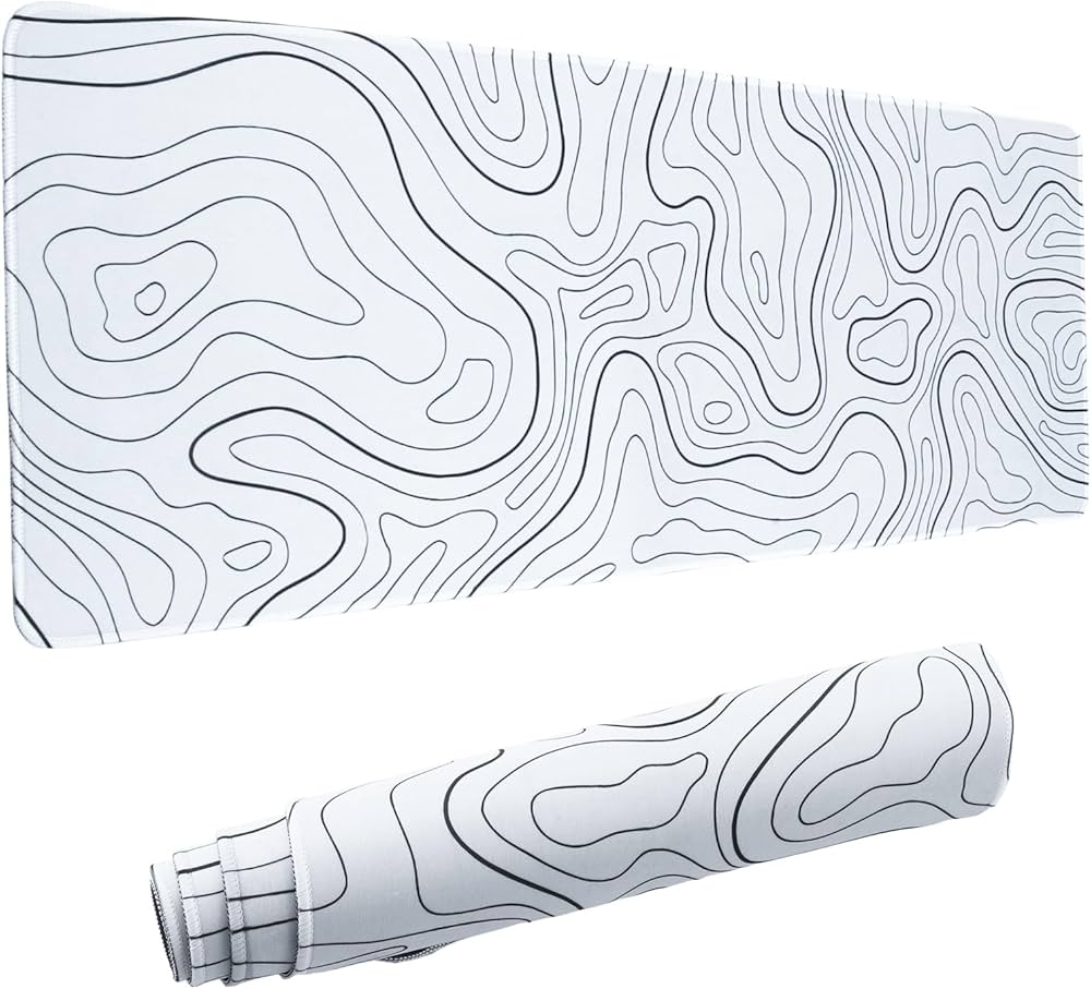 Large Problems Solved topographic contour gaming mouse pad, extended XL mousemat with detailed terrain design on smooth surface.