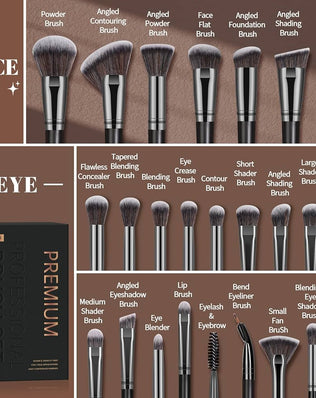 Problems Solved 25-piece professional makeup brush set with foundation, blush, and other cosmetic brushes on a clean background.