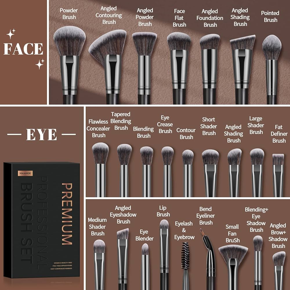 Problems Solved 25-piece professional makeup brush set with foundation, blush, and other cosmetic brushes on a clean background.
