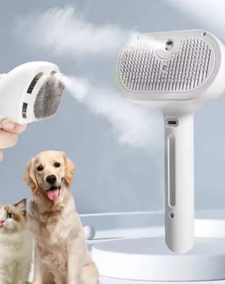 Dog steam comb pet massage brush from Problems Solved, USB rechargeable, with stainless steel massage teeth for grooming.