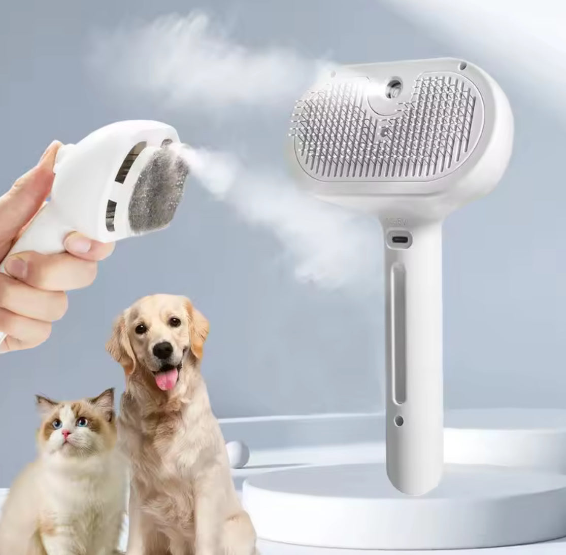Dog steam comb pet massage brush from Problems Solved, USB rechargeable, with stainless steel massage teeth for grooming.