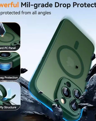 Problems Solved magnetic phone case compatible with MagSafe, military-grade shockproof design, shown on a smartphone.