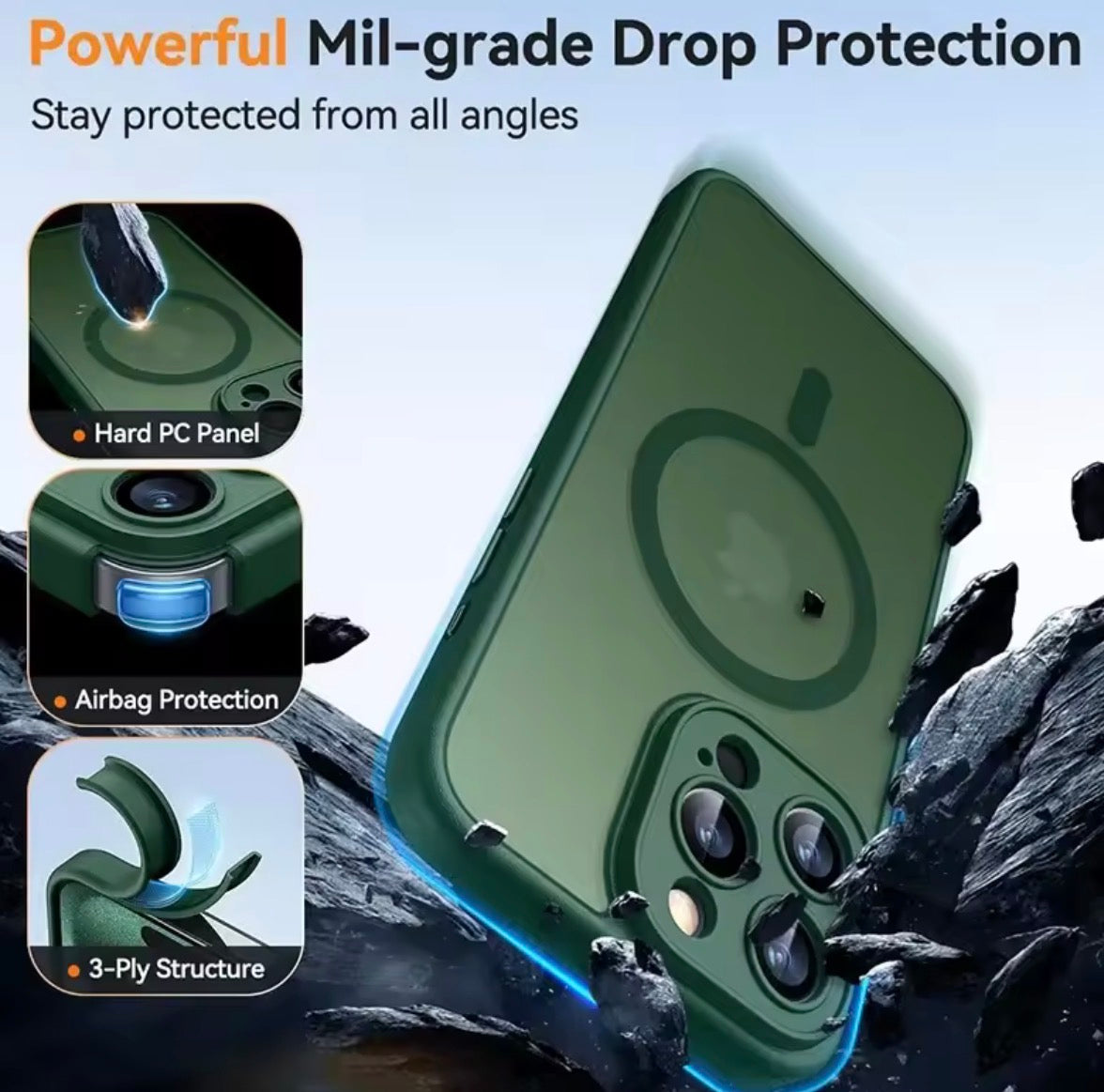 Problems Solved magnetic phone case compatible with MagSafe, military-grade shockproof design, shown on a smartphone.