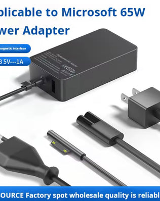 Problems Solved 65W 15V 4A red power adapter for Microsoft Surface Pro 4, with cable and connector visible.