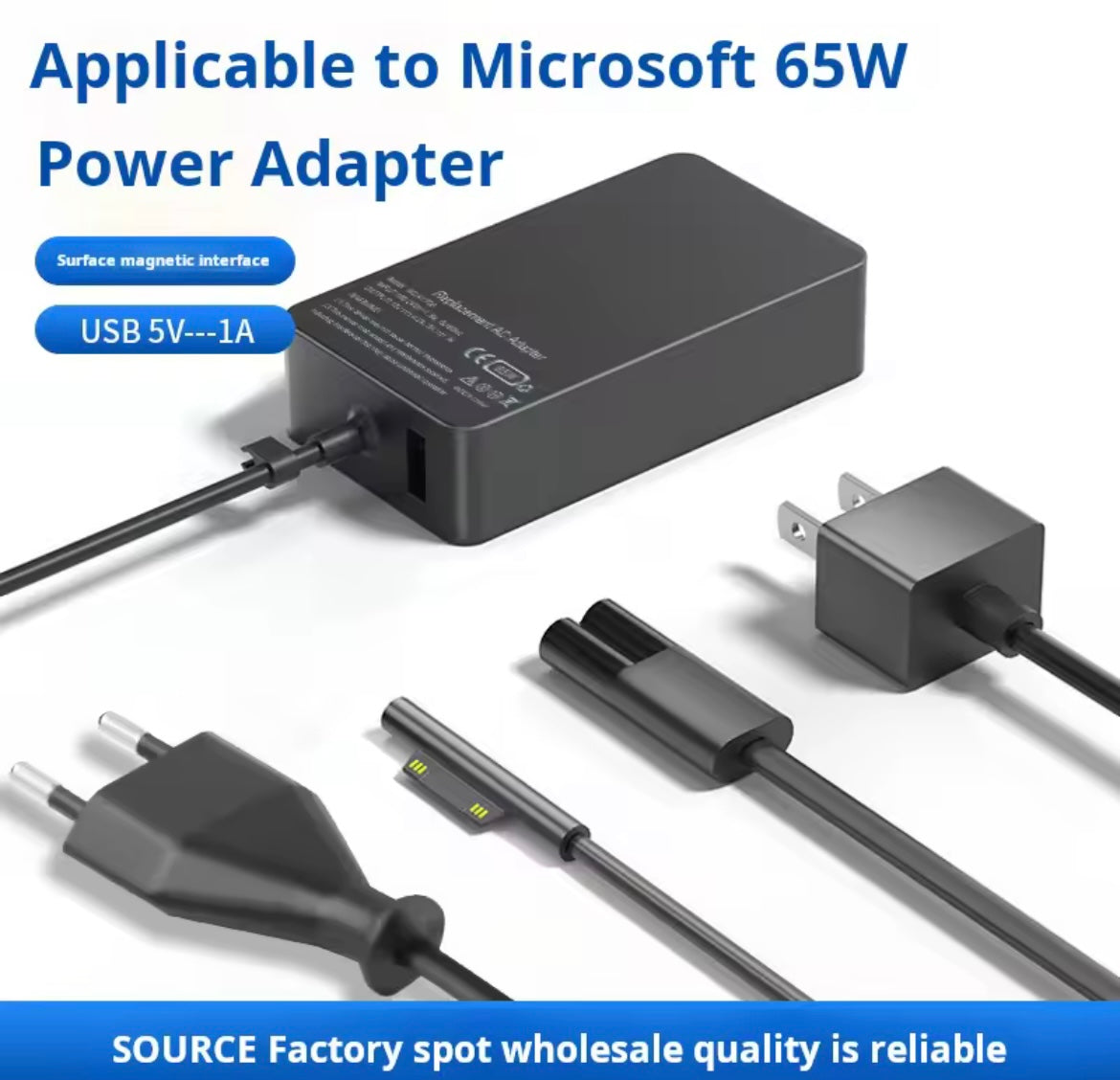Problems Solved 65W 15V 4A red power adapter for Microsoft Surface Pro 4, with cable and connector visible.