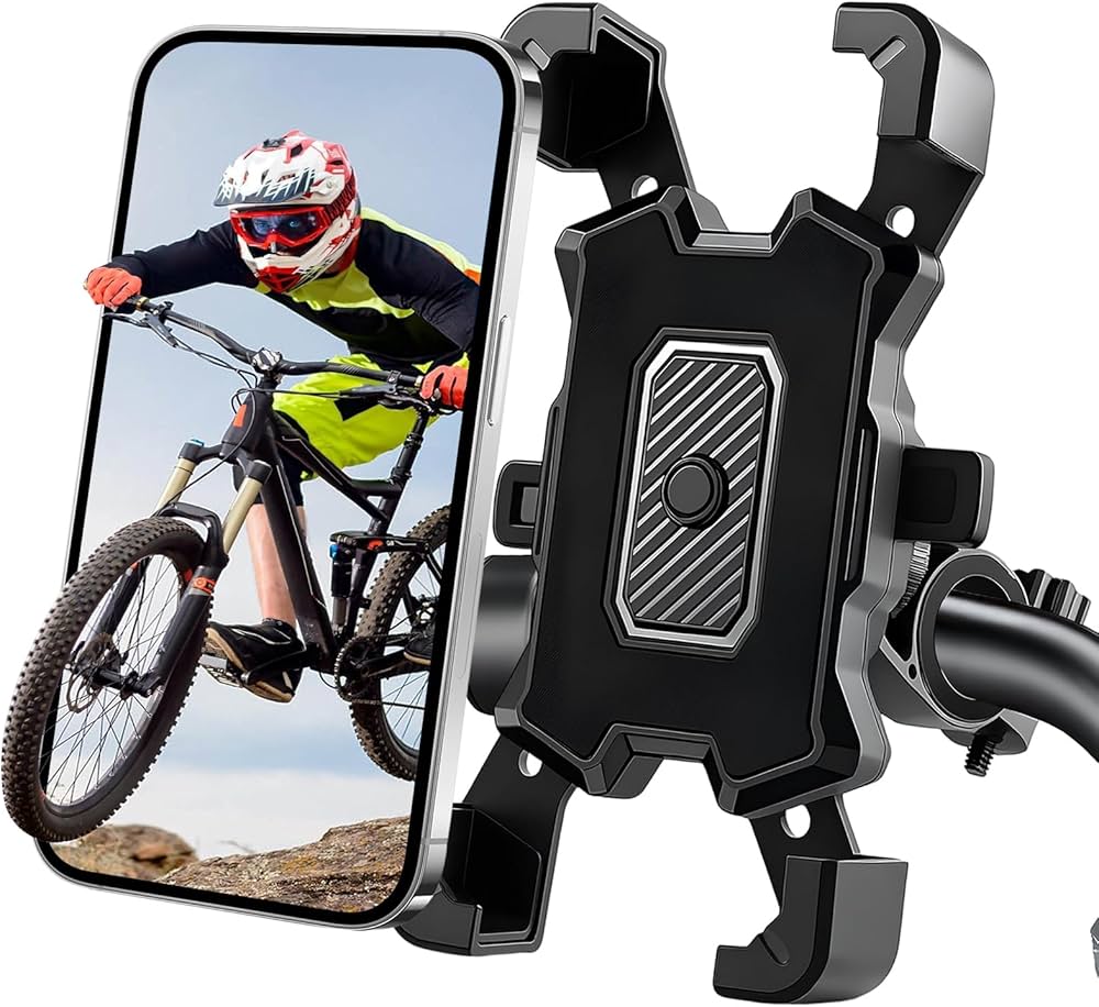 Problems Solved bike phone handlebar mount with anti-vibration, safety lock, and 360º rotation for motorbike phone holder.