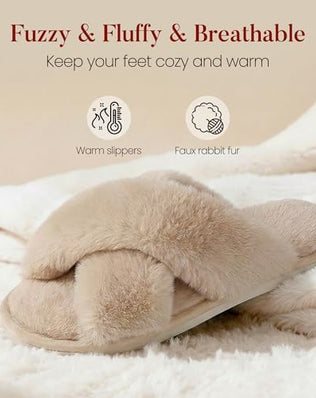 Women Slippers Fluffy Slippers Memory Foam, Cross Band Furry Open Toe Slippers Cozy