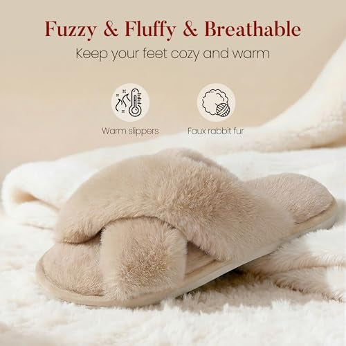 Women Slippers Fluffy Slippers Memory Foam, Cross Band Furry Open Toe Slippers Cozy
