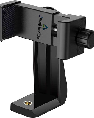 Problems Solved cell phone tripod mount with 1/4 inch screw adapter and 360-degree rotation, shown attached to a smartphone.