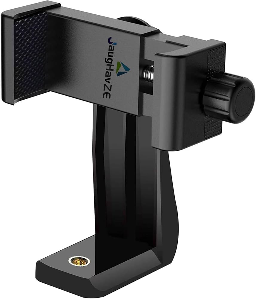 Problems Solved cell phone tripod mount with 1/4 inch screw adapter and 360-degree rotation, shown attached to a smartphone.