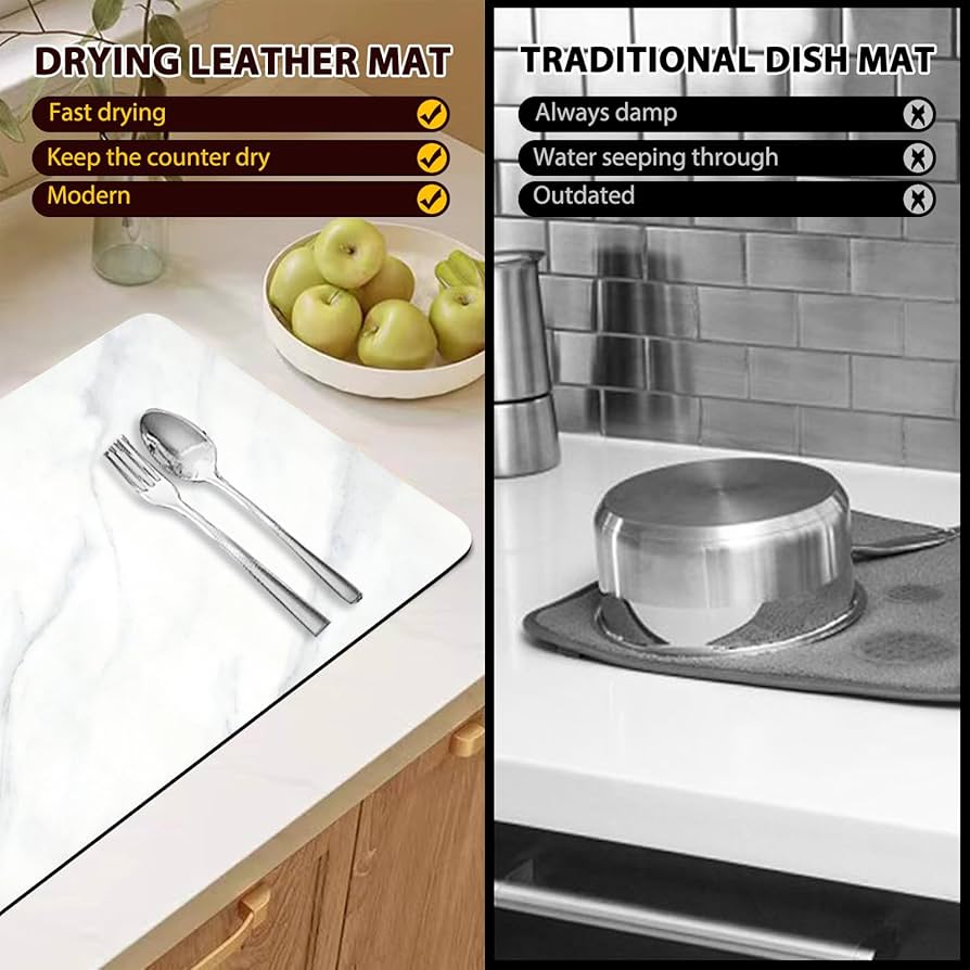 Problems Solved dish drying mat on a kitchen counter, 24x16 inches, super absorbent and ideal for drying dishes and utensils.