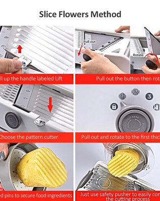 Problems Solved 18-in-1 adjustable mandoline slicer with stainless steel blades and manual vegetable grater attachment.