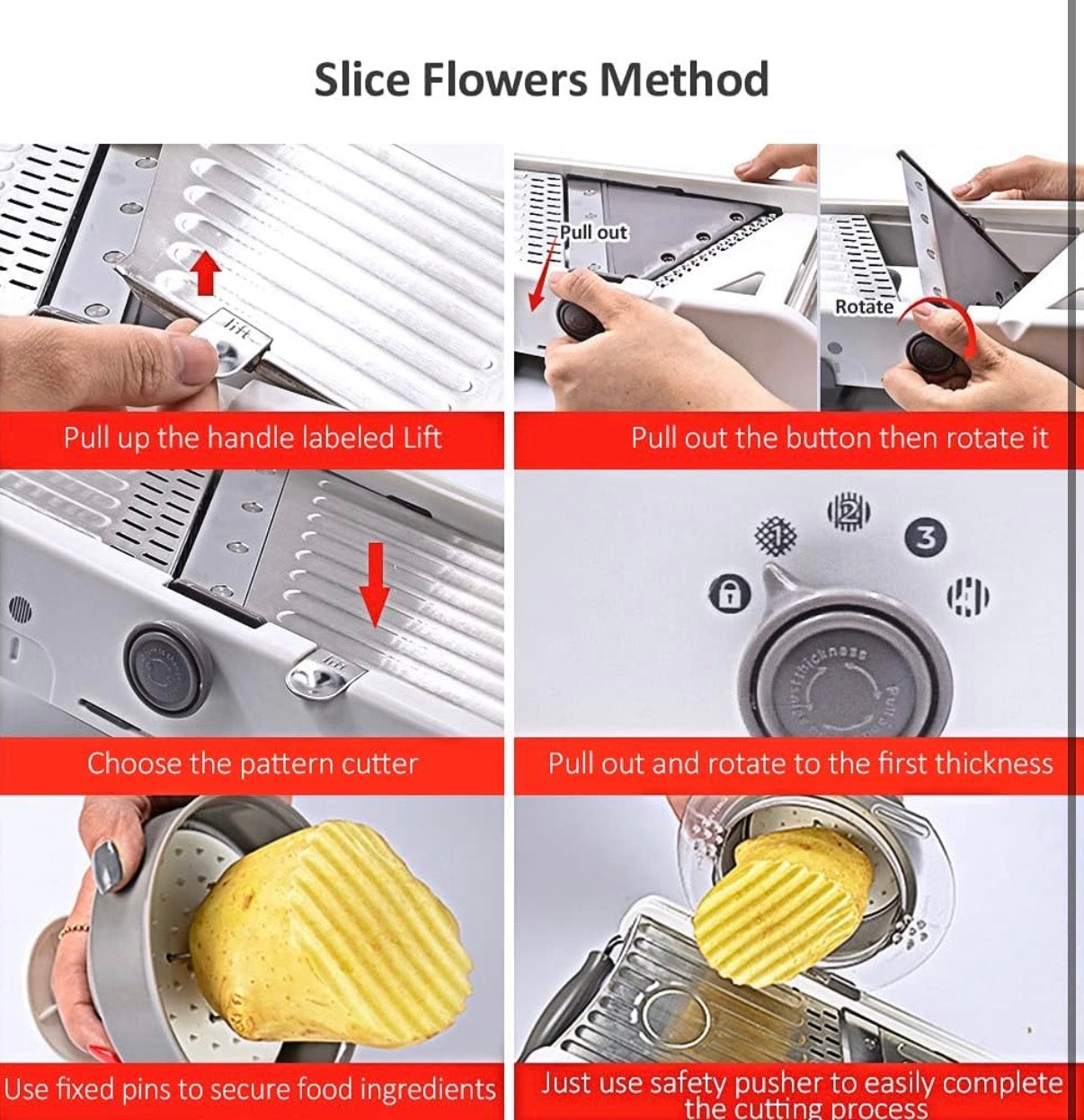 Problems Solved 18-in-1 adjustable mandoline slicer with stainless steel blades and manual vegetable grater attachment.