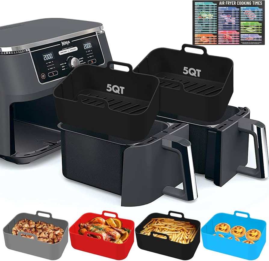Reusable silicone air fryer liners for Ninja DZ550/DZ401, 10QT basket, non-stick, heat-resistant, and easy to clean.