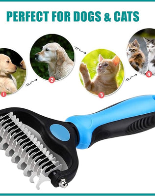 Problems Solved 2-in-1 pet grooming tool with dematting comb for dogs and cats, featuring a two-sided undercoat rake.