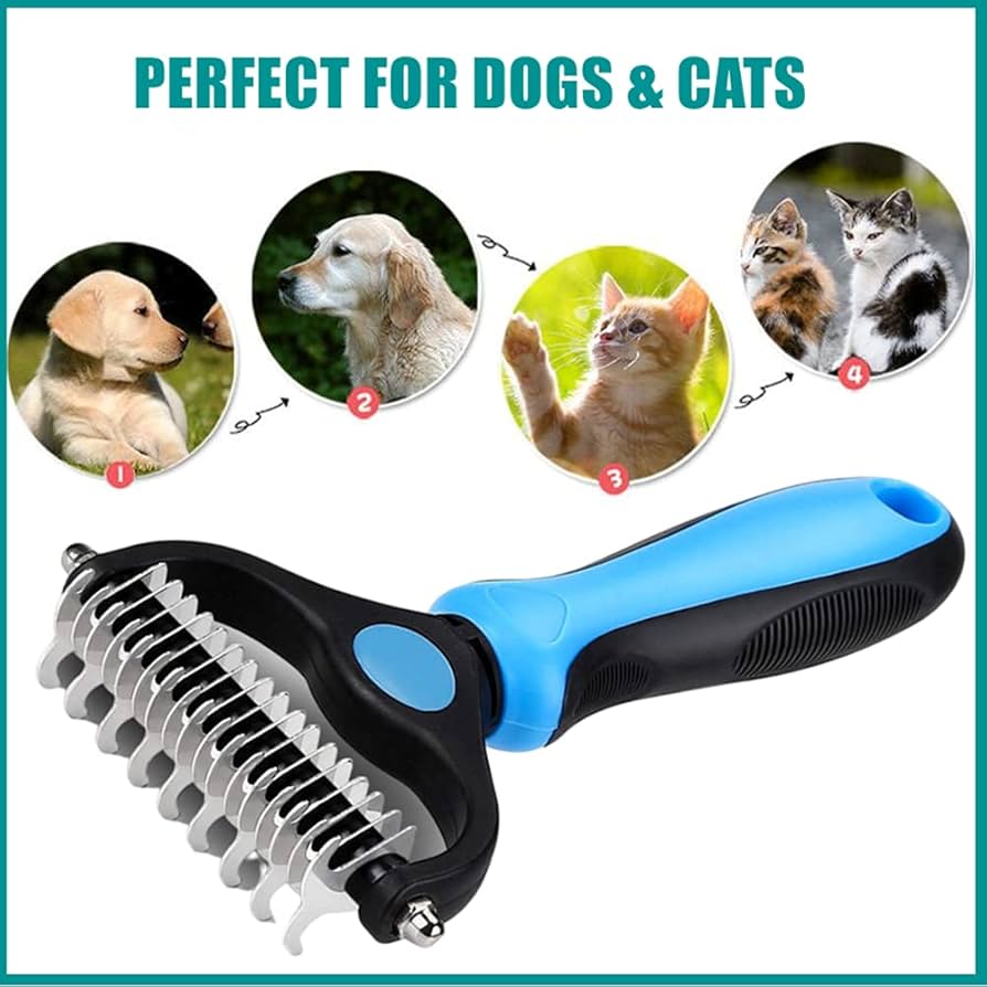 Problems Solved 2-in-1 pet grooming tool with dematting comb for dogs and cats, featuring a two-sided undercoat rake.