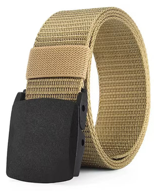 Men's outdoor casual canvas belt from Problems Solved with a metal-free buckle, shown in a natural outdoor setting.