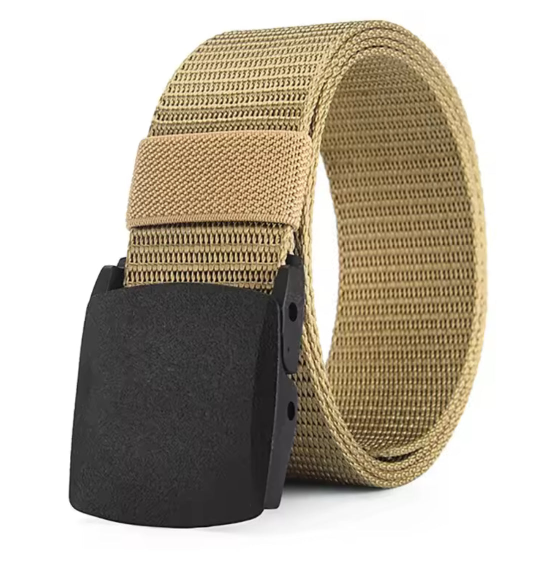 Men's outdoor casual canvas belt from Problems Solved with a metal-free buckle, shown in a natural outdoor setting.