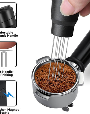Problems Solved upgraded WDT tool with strong magnet for Breville Barista espresso coffee maker, showing the tool on a countertop.