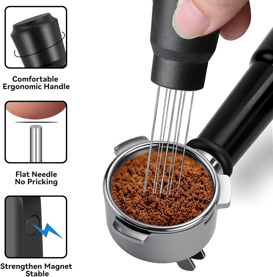 Problems Solved upgraded WDT tool with strong magnet for Breville Barista espresso coffee maker, showing the tool on a countertop.