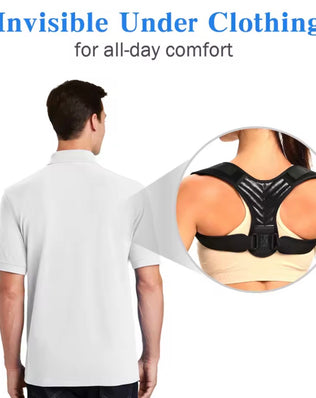 Problems Solved posture corrector for men and women, upper back brace shown on a person with adjustable straps and breathable material.