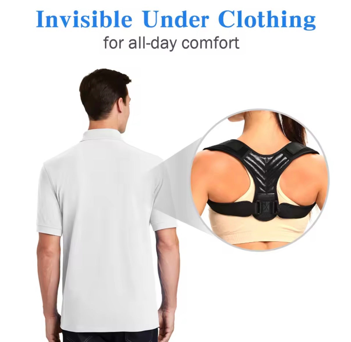 Problems Solved posture corrector for men and women, upper back brace shown on a person with adjustable straps and breathable material.