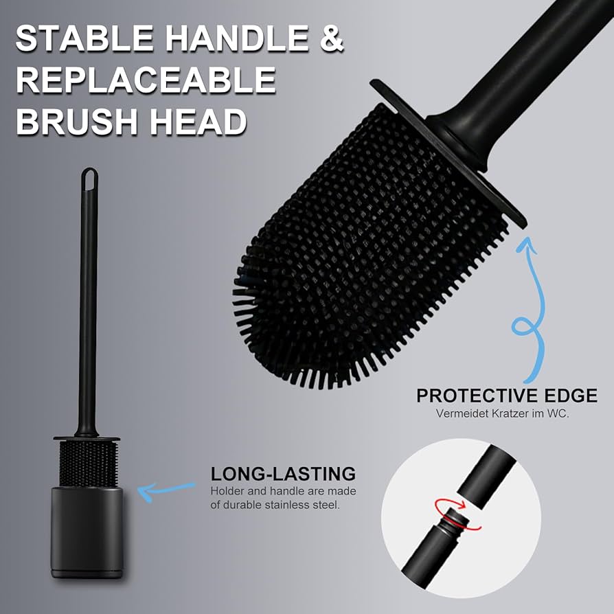 Toilet Brush and Holder with Flat Flexible Silcone Head & Durable and Flexible Bristles