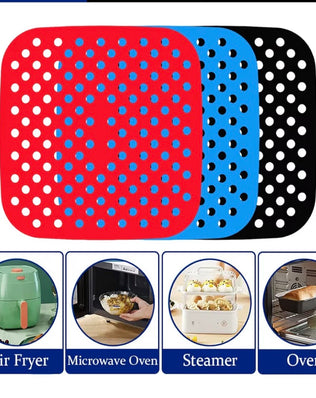 Problems Solved reusable silicone air fryer liners, 8.5-inch square non-stick mats stacked in a set for easy cooking cleanup.