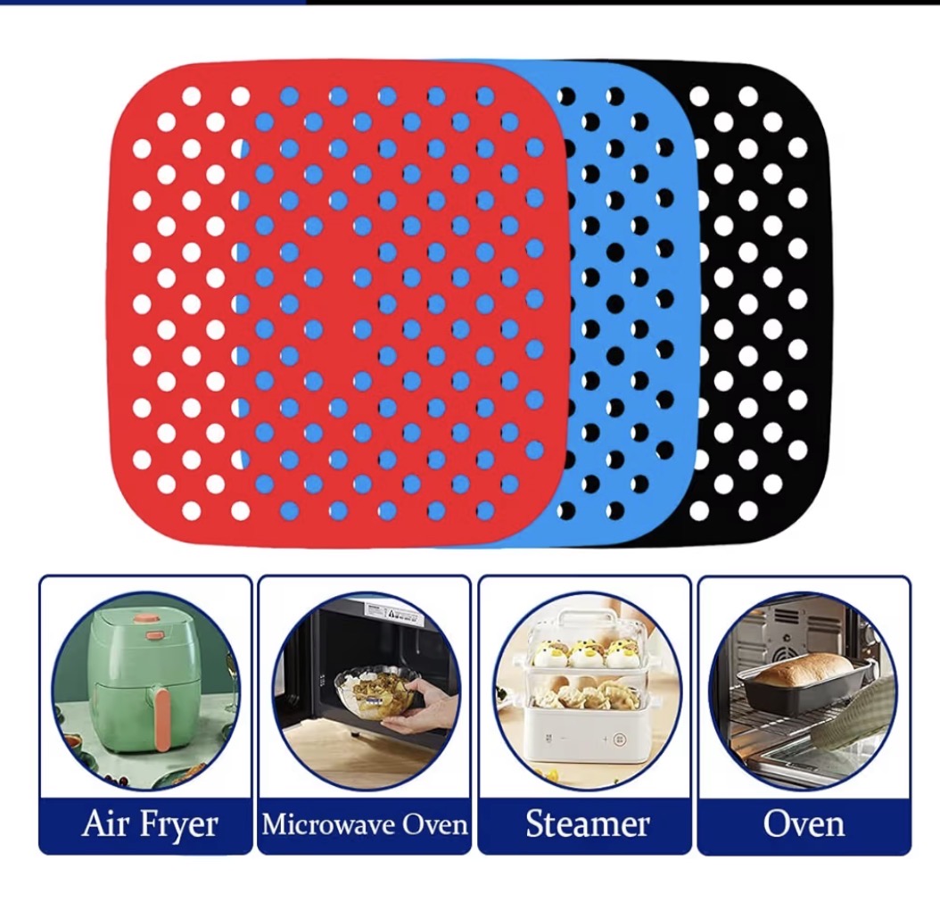 Problems Solved reusable silicone air fryer liners, 8.5-inch square non-stick mats stacked in a set for easy cooking cleanup.