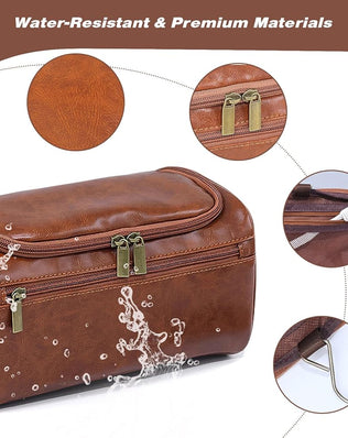 Leather Toiletry Bag for Men, Dark Brown Wash Bag for Travel, Gym & Shaving