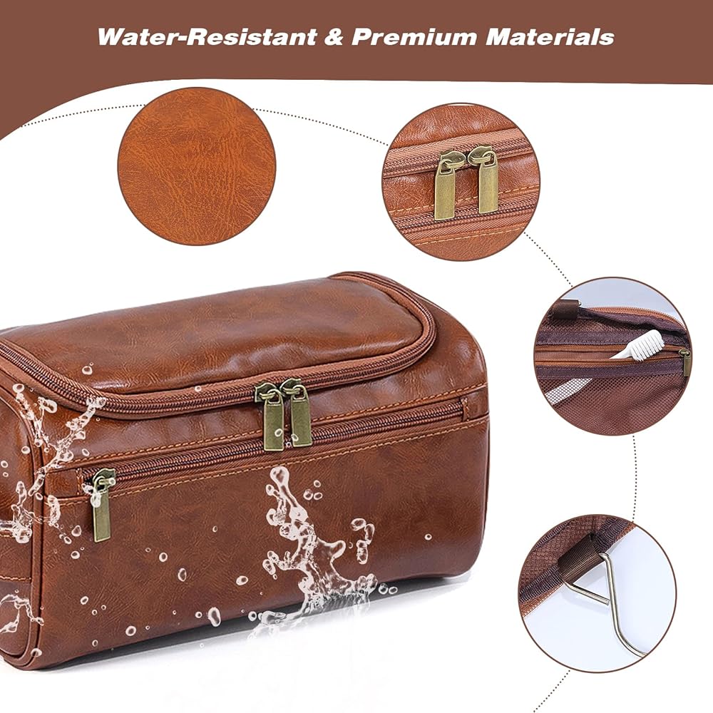 Leather Toiletry Bag for Men, Dark Brown Wash Bag for Travel, Gym & Shaving