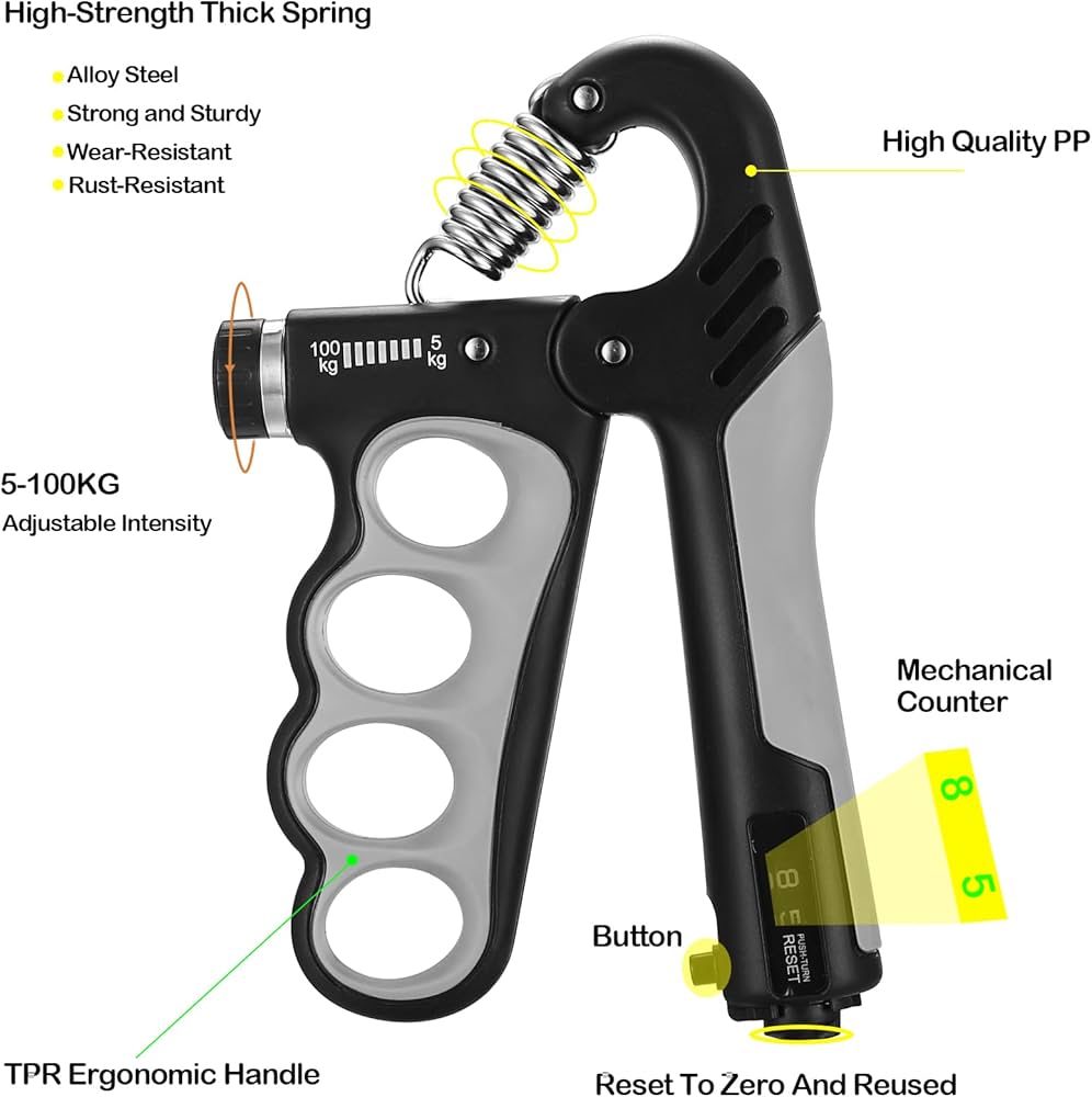 Problems Solved adjustable grip strengthener with 5-100 kg resistance, featuring ergonomic handles for hand and forearm exercise.