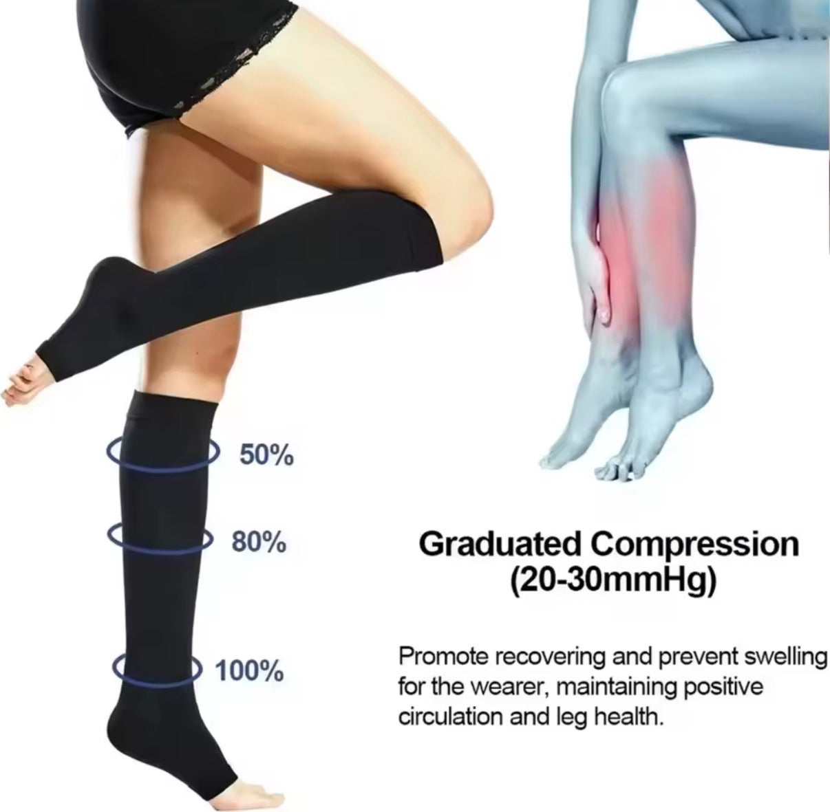 Open toe medical compression socks by Problems Solved, unisex 20-30mmHg Class 2 for improved circulation and support.