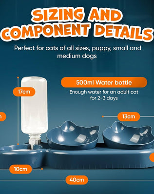 Problems Solved 3-in-1 cat food and water bowl set with waterproof mat, raised tilted design for easy feeding and hydration.