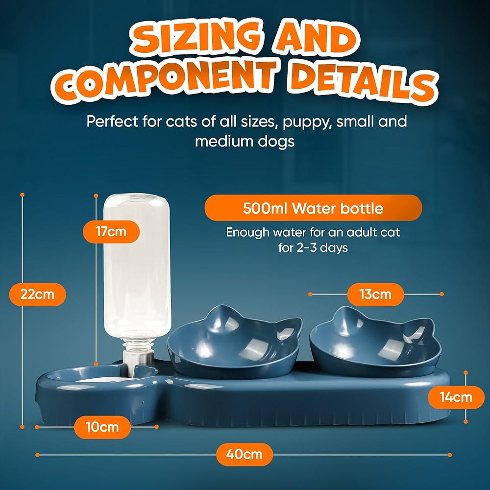 Problems Solved 3-in-1 cat food and water bowl set with waterproof mat, raised tilted design for easy feeding and hydration.